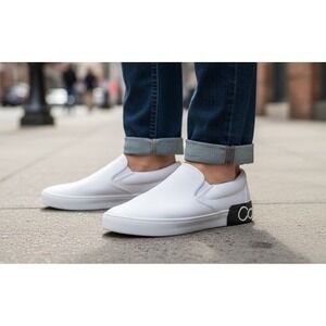 Calvin Klein Slip-On Sneakers RYOR2‎ Men's 9 White Leather CK Logo Casual Shoes